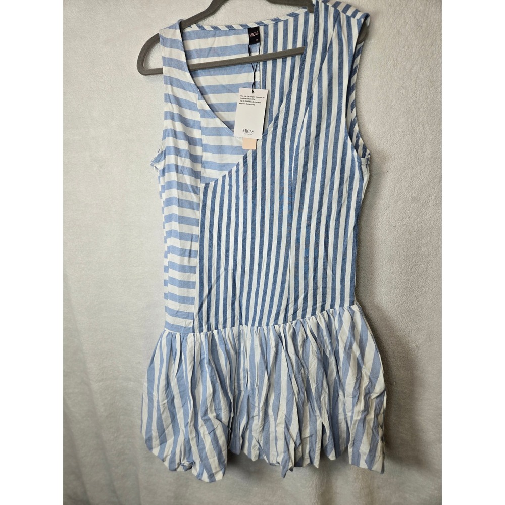 MICAS Blue White Mixed Stripe Bubble Hem Mini Dress XL New With Tags V-Neck